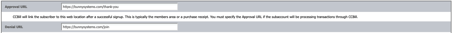 CCBill approval and denial URL settings