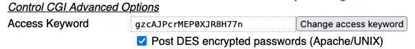 Screenshot showing the 'Access Keyword' field in the Control CGI Advanced Options section of the NETbilling setup interface.